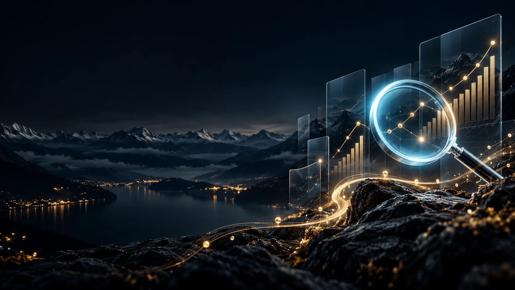 SEO-Analyse mit Suchmotiv und aufsteigenden Datenlinien vor einer dunklen Alpenlandschaft
