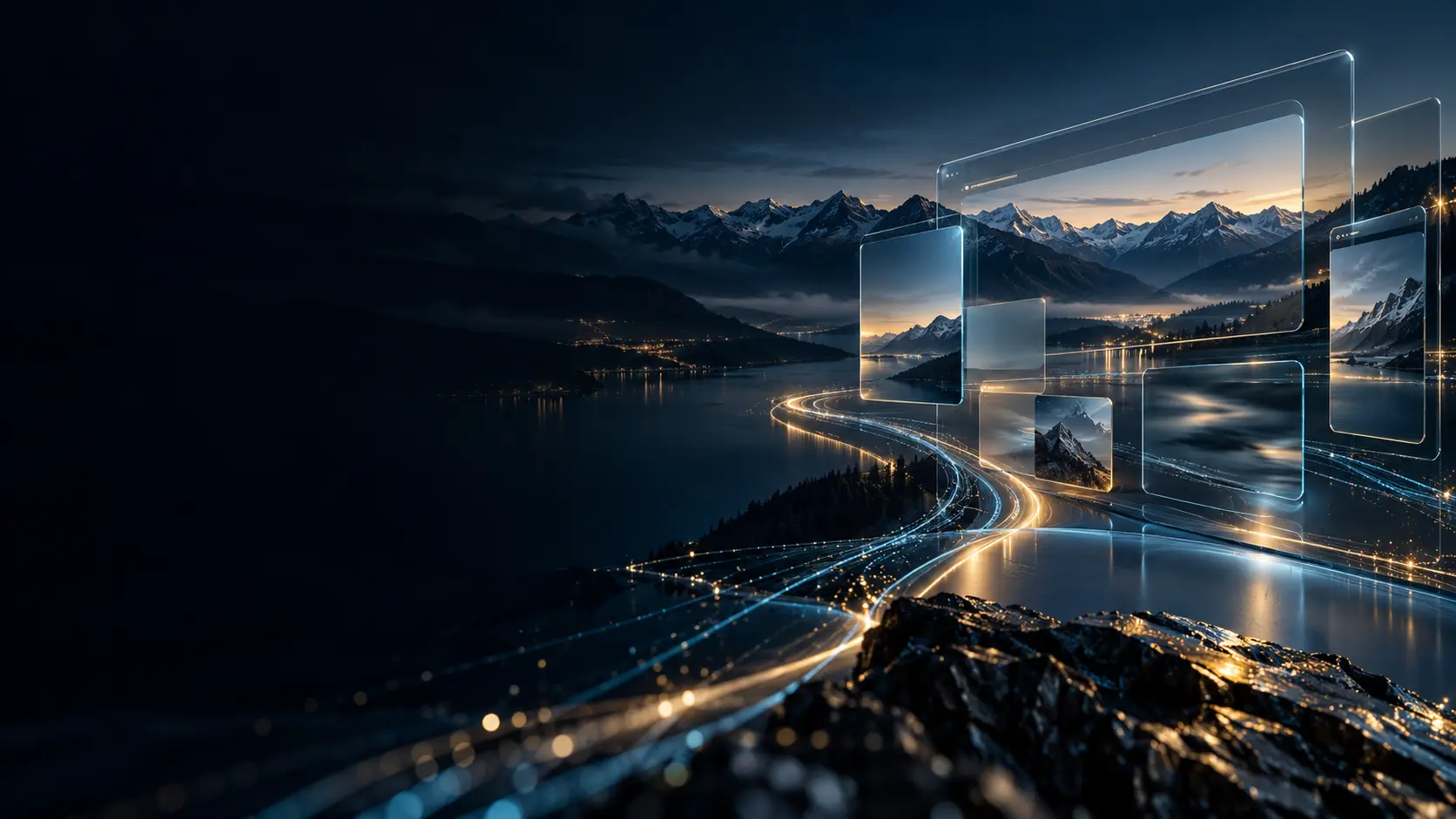 Digitale Lichtspuren und transparente Website-Oberflächen vor einer nächtlichen Alpenlandschaft