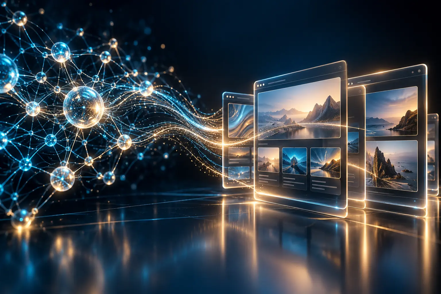 Leuchtende KI-Datenverbindungen führen zu digitalen Website-Oberflächen