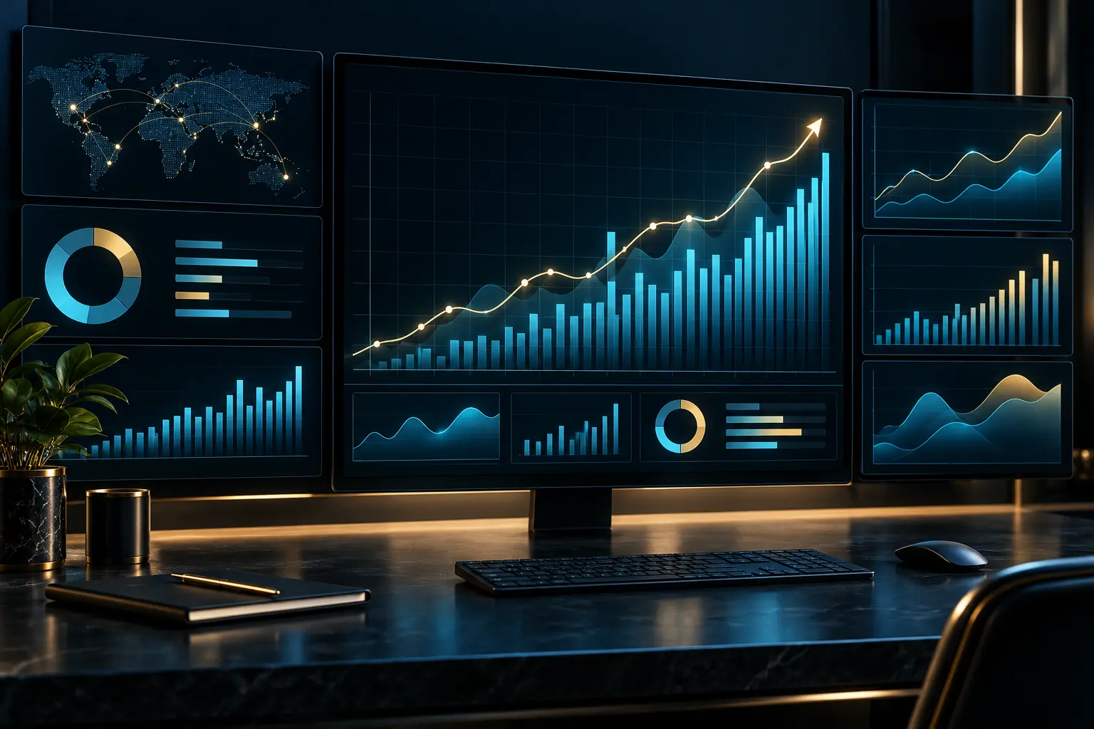 Abstrakte Analytics-Darstellung mit aufsteigenden Datenkurven